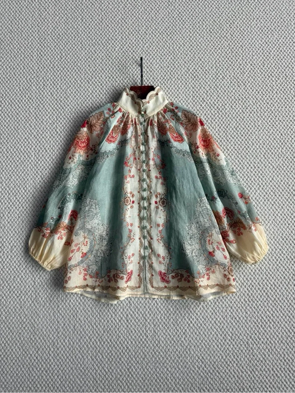NWOT Zimmermann Floral Print Puff-Sleeve Rami Blouse in Sage & Cream, Size AU 2